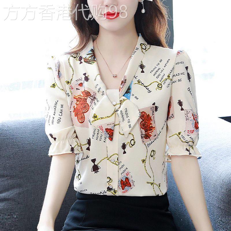 真丝桑蚕丝衬衫时尚妈妈装夏季新款短袖蝴蝶结款气质洋气百搭上衣