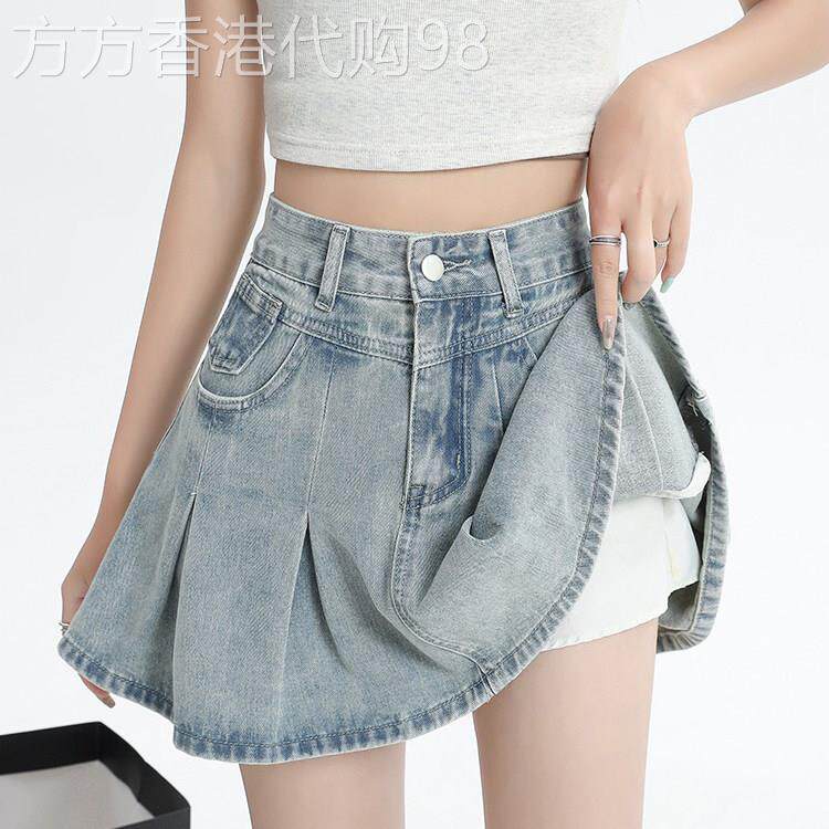 牛仔半身裙女春秋薄款2026新款高腰a字显瘦浅色小个子百褶短裙子