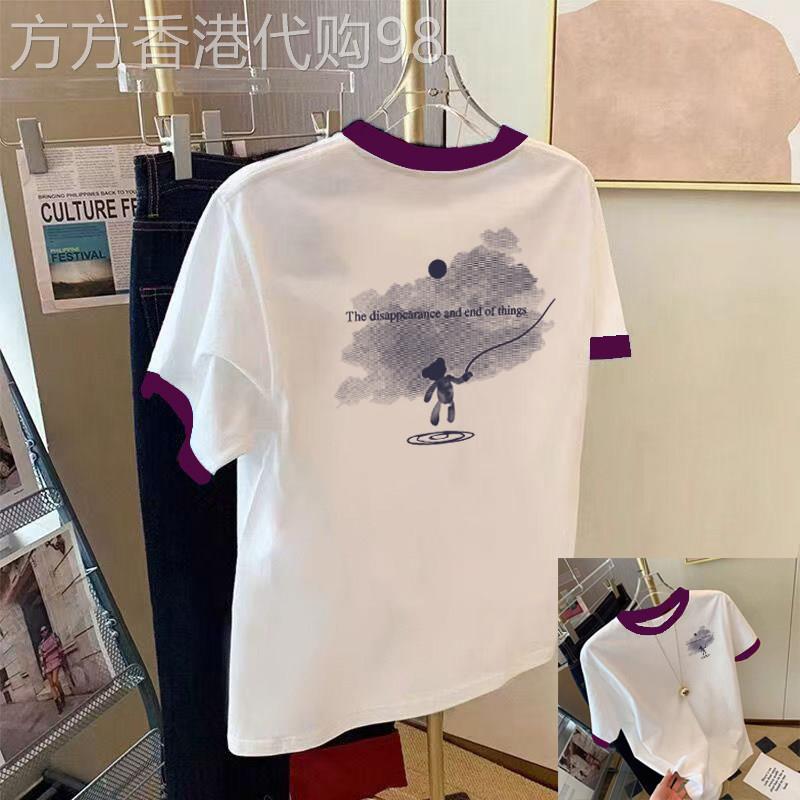高端短袖t恤女装薄款正肩圆领宽松显瘦百搭时尚上衣前后印花图案