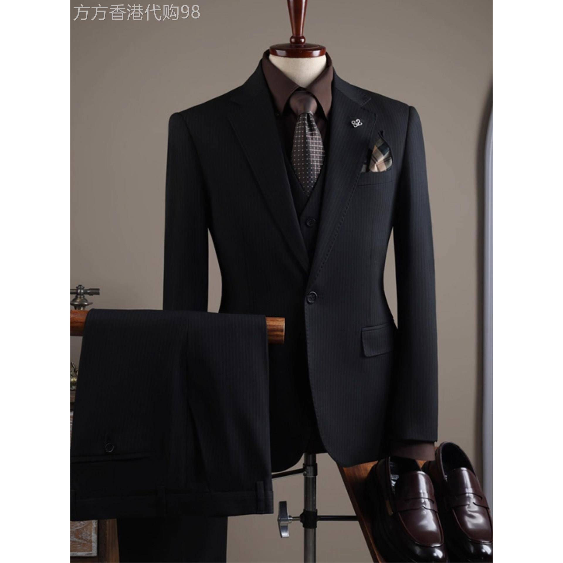 MK正品高级感条纹西装套装男春秋款高端修身抗皱男士西服三件套潮