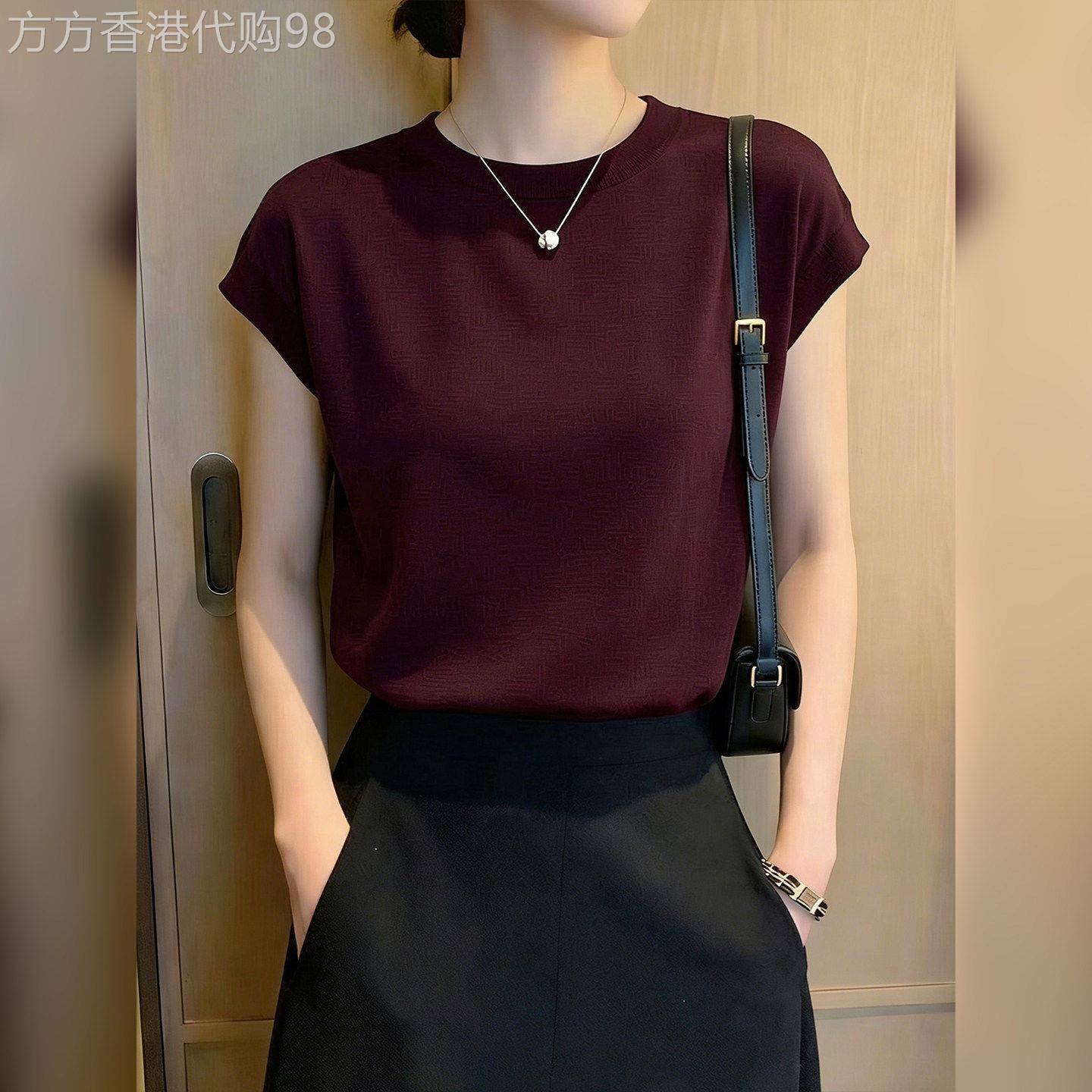 设计感小众短袖针织T恤女夏新款薄款极简风纯色百搭通勤套头上衣