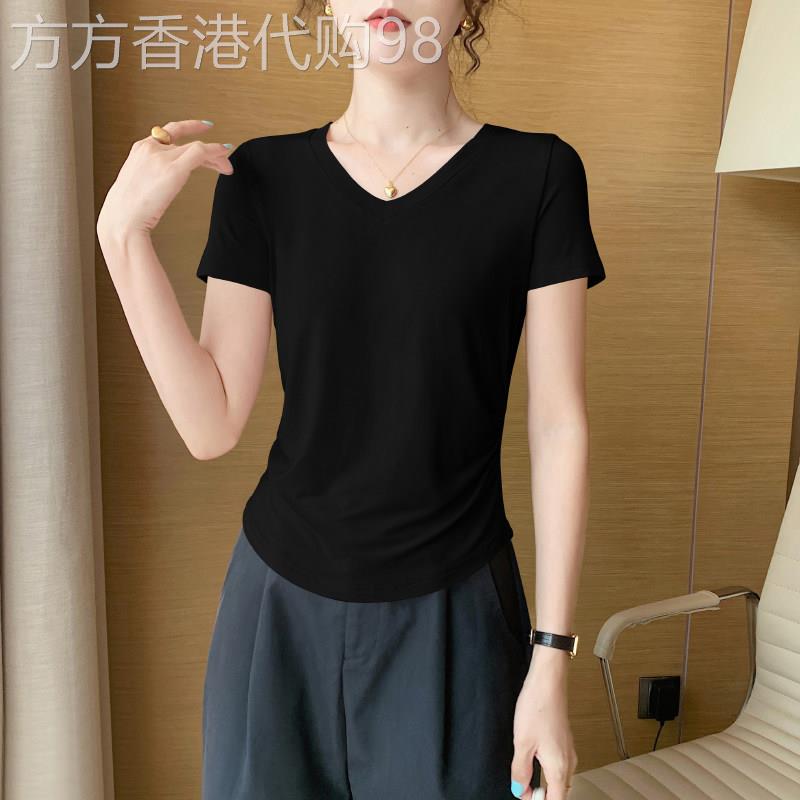 黑色莫代尔v领短袖t恤女夏季冰丝薄款纯色修身显瘦小衫高级感上衣