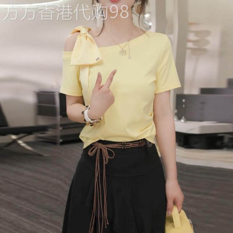 一字领短袖t恤女夏季2026新款设计感小众百搭T恤蝴蝶结露肩上衣