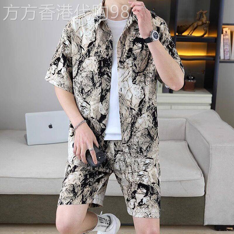 高端冰丝短袖衬衫男套装2026新款夏季薄款休闲短裤百搭宽松一整套
