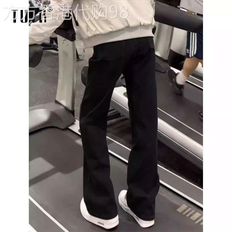 黑色弯刀牛仔裤男士春秋季潮牌修身显瘦直筒微喇裤vibe休闲长裤子