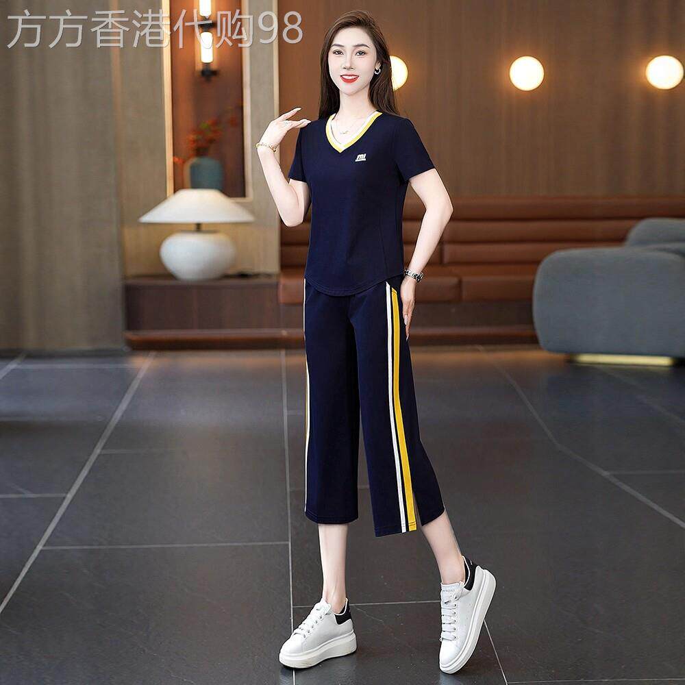 时尚休闲运动套装女士2026夏季新款减龄显瘦冰丝短袖八分裤两件套