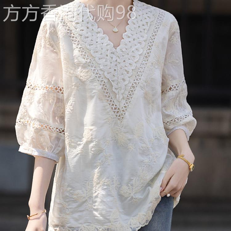 衬衫女夏季2026新款镂空高级感重工拼接V领大尺码白色气质显瘦上