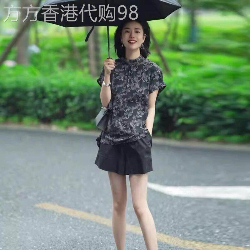 立领印花雪纺衫女夏季高级感2025新款大尺码显瘦遮肚短袖上衣女气