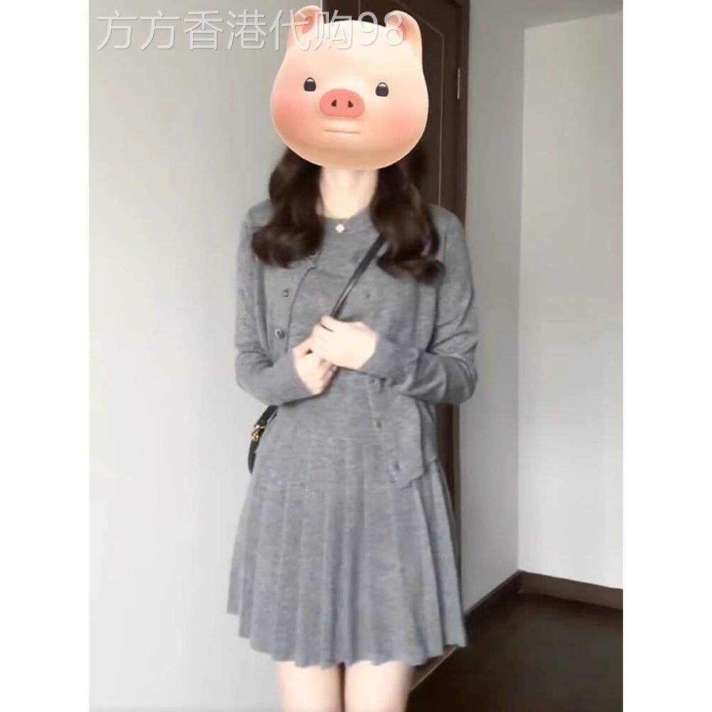 日式早秋新套装灰色优雅连衣裙女韩式小开衫百褶裙三件套