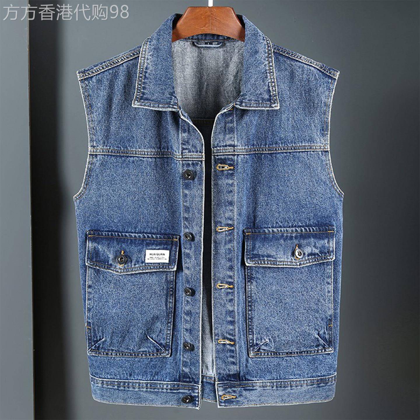 MK正品美式牛仔马甲男春秋季高端肩无袖多口袋青年男士背心外套潮