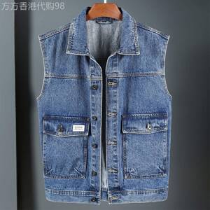 MK正品美式牛仔马甲男春秋季高端肩无袖多口袋青年男士背心外套潮