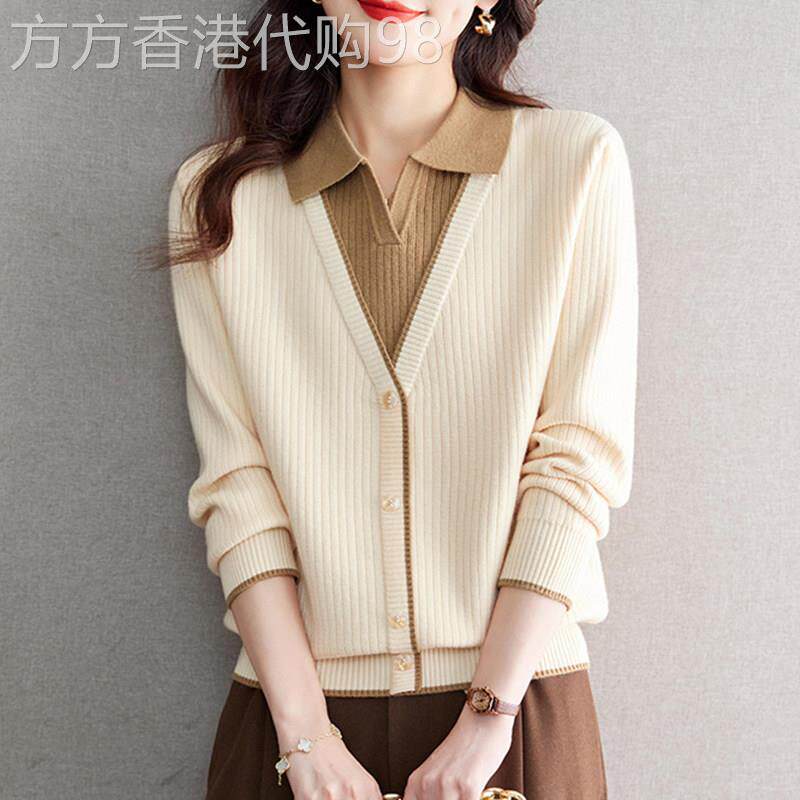 休闲假两件翻领长袖针织衫女春秋装新款时尚拼色内搭外穿打底毛衣