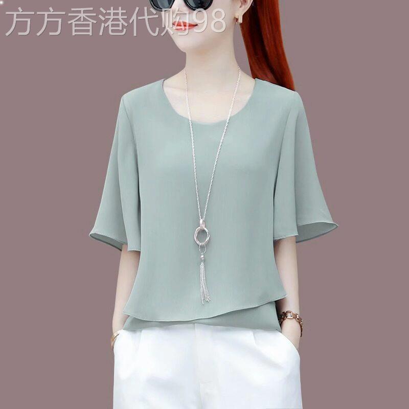 时尚短袖雪纺衫女夏季2026新款洋气小衫宽松显瘦拼接简约短袖上衣