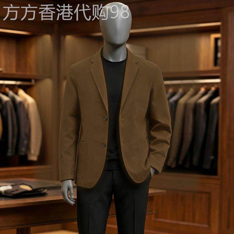 香港秋冬纯棉西服外套男士休闲宽松大码中老年爸爸装美式商务西装