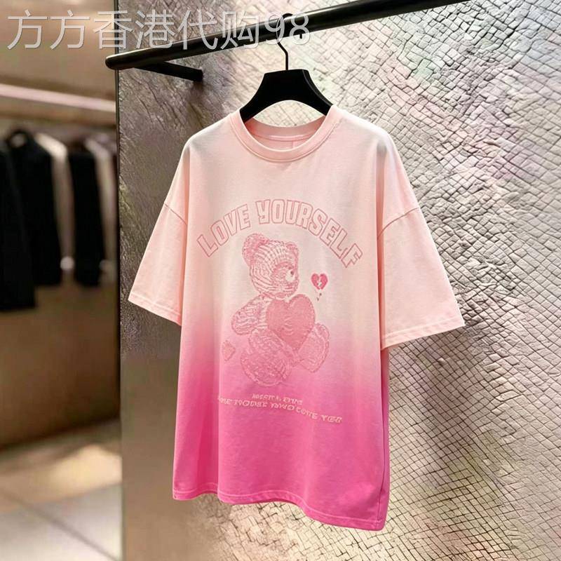 渐变色小熊短袖T恤女夏季款欧货扎染中长款大版宽松休闲体恤上衣