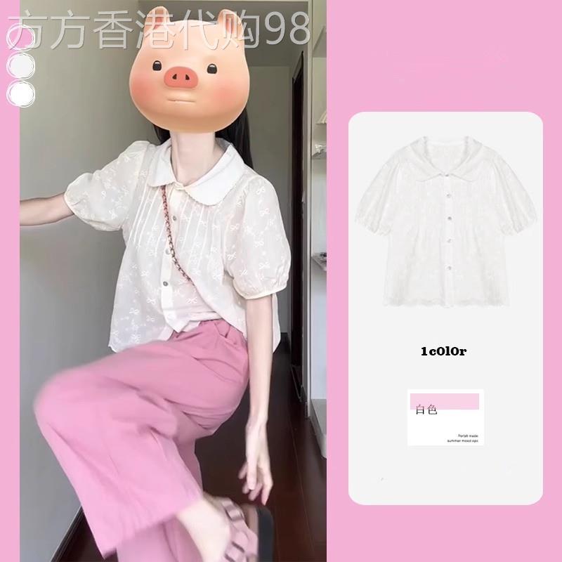日系蕾丝提花衬衫女上衣新款减龄洋气漂亮宽松娃娃领设计感雪纺衫