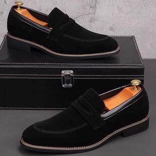 2025新款英伦风乐福鞋男尖头休闲皮鞋磨砂反绒皮内增高软底豆豆鞋