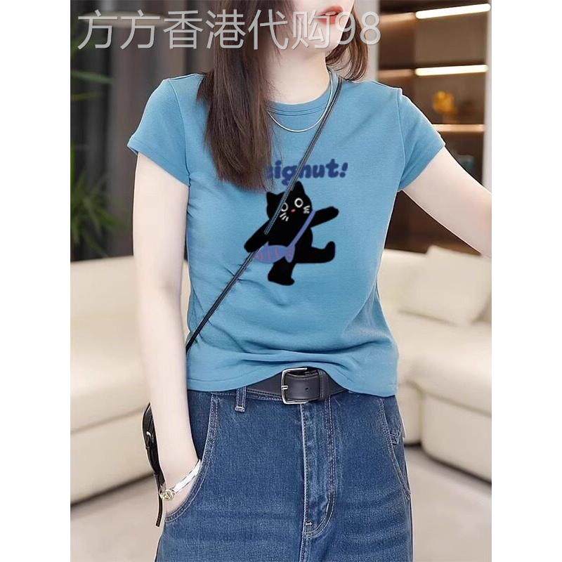 纯棉右肩蓝色圆领多功能修身短袖t恤女士基本流行卡通减龄夏季上