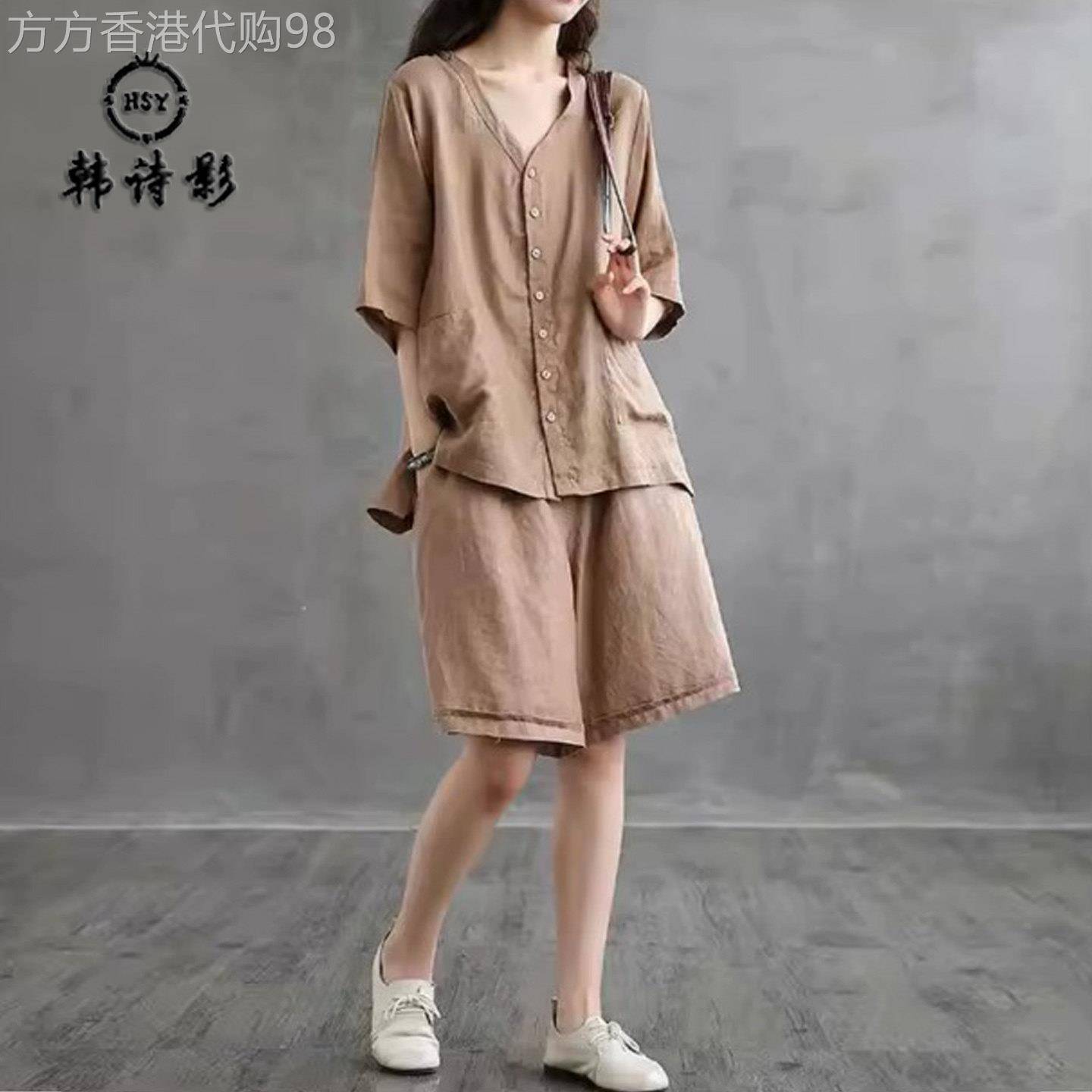 复古纯色简约套装女夏季新款宽松显瘦衬衫阔腿短裤洋气减龄两件套
