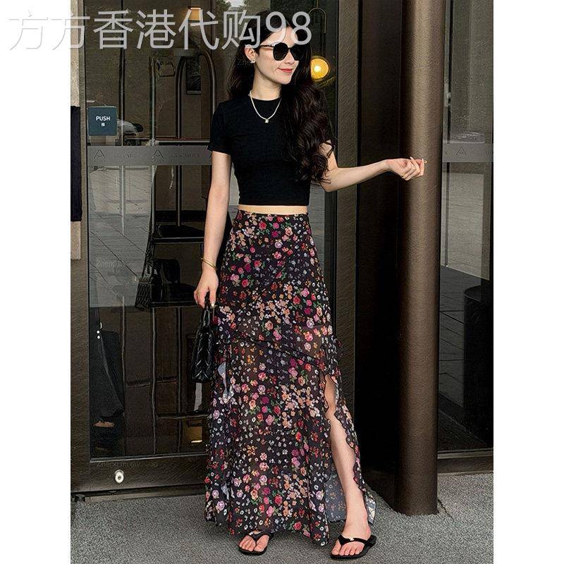 碎花高腰开叉半身裙女士2026夏季新款设计感遮胯显瘦中长版包臀裙