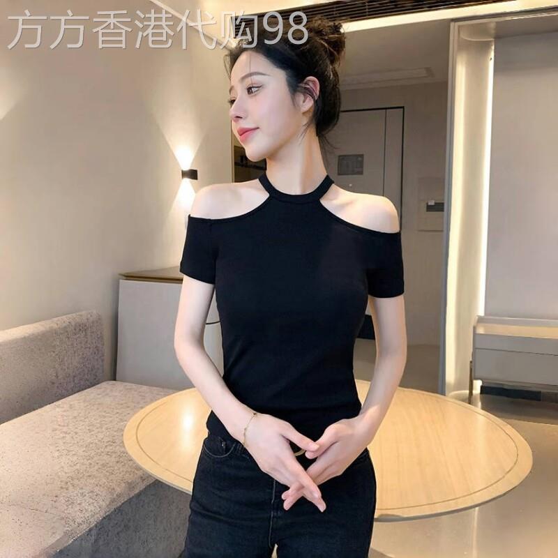 潮牌挂脖露肩短袖T恤女夏季设计感修身新款一字领高级感时尚上衣