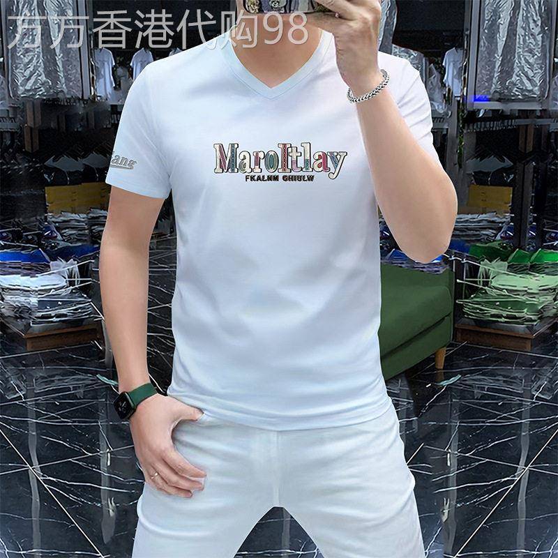 香港潮牌男士丝光棉短袖T恤夏V领修身休闲简约青年帅气冰丝半袖