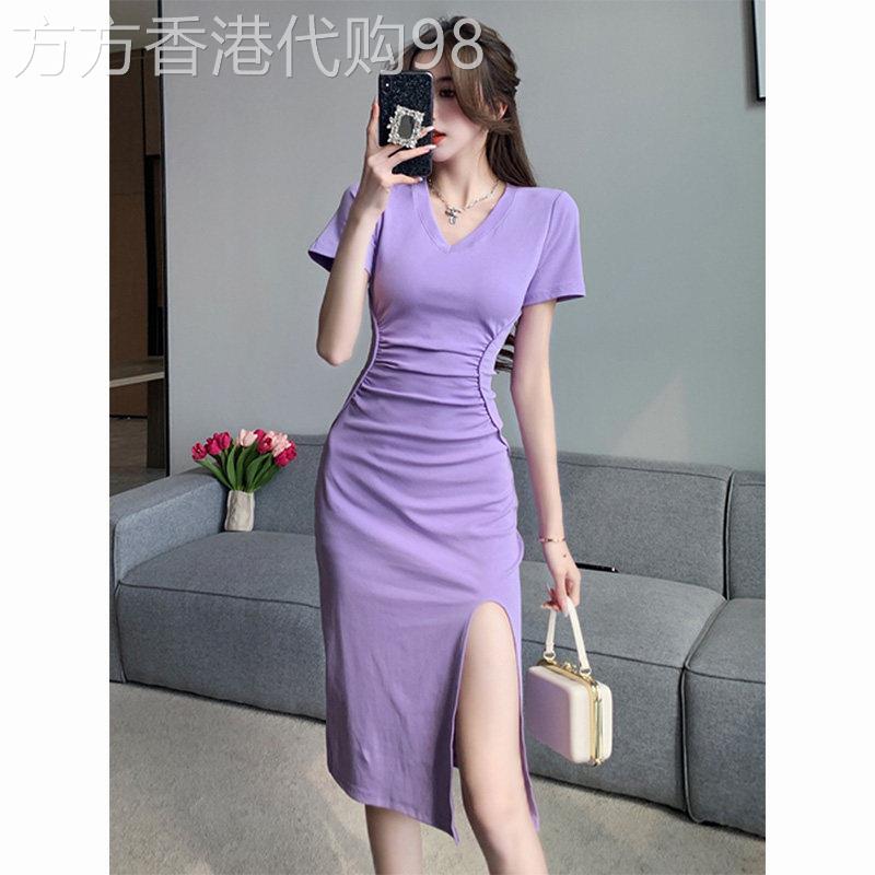 气质v领短袖连衣裙女夏季设计感褶皱收腰t恤裙修身显瘦开叉包臀裙