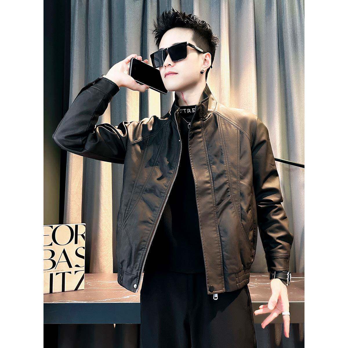潮流痞帅男士皮衣韩版百搭立领夹克2025秋冬季新款高级感加厚外套