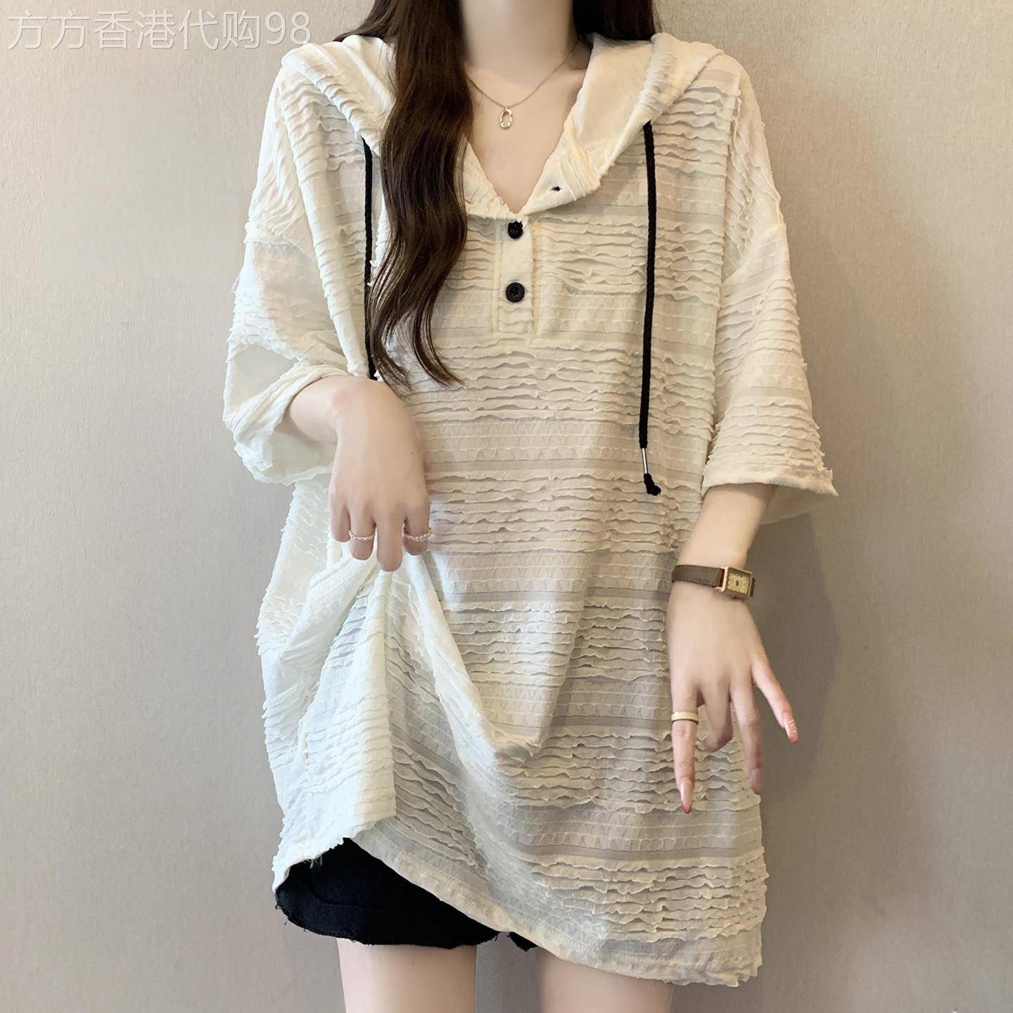 宽松慵懒风设计感连帽短袖T恤女夏季大尺码胖mm显瘦遮肚中长版上