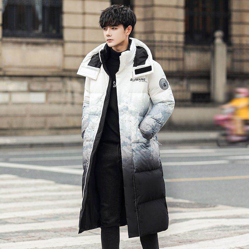 白鸭绒长款羽绒服男过膝冬季加厚新款连帽渐变色保暖帅气棉服外套