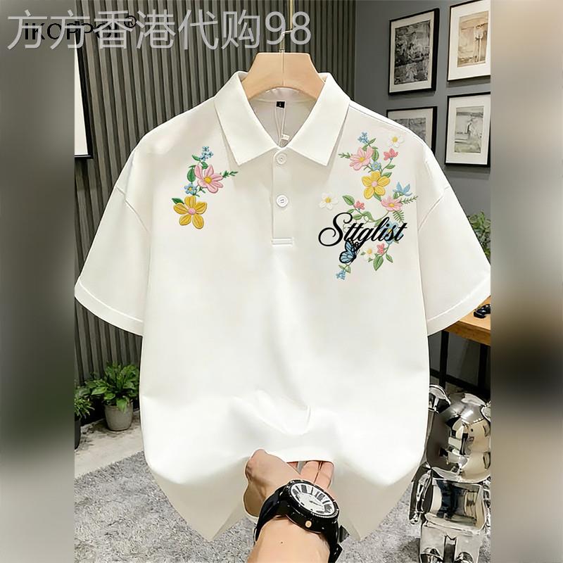 高端纯棉短袖男夏季彷刺绣花卉印花oversize百搭翻领落肩袖POLO衫