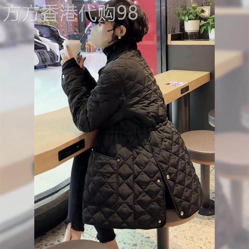 2025新款冬季今年流行高级感欧货收腰夹棉外套黑色菱格羽绒棉服女