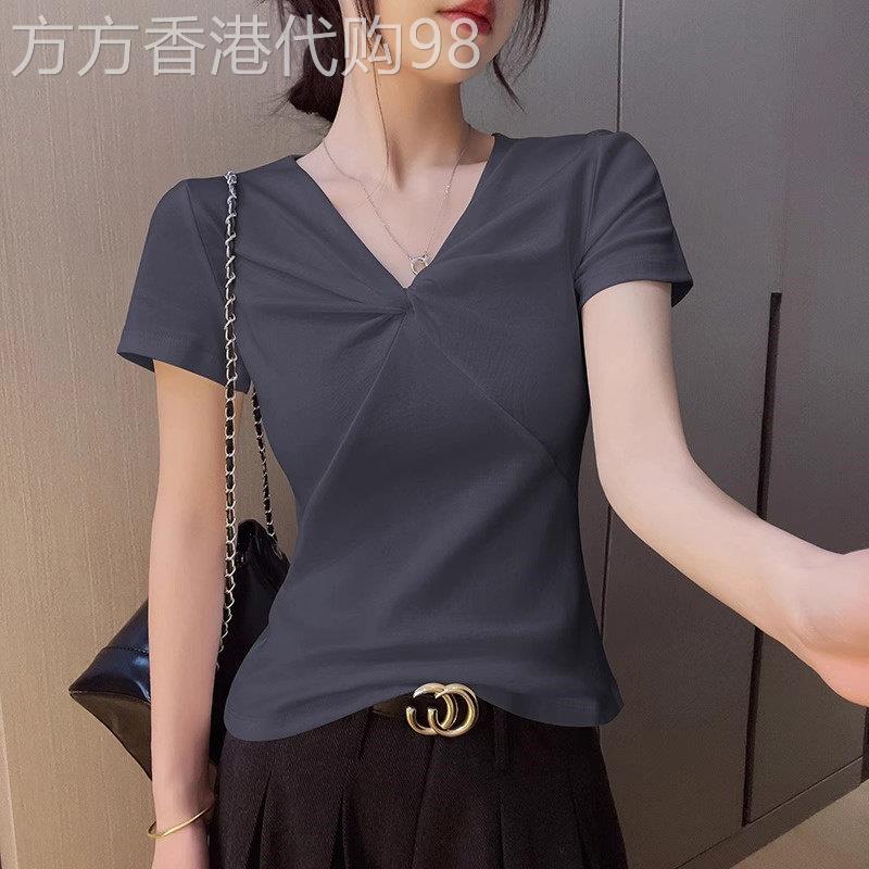 灰色扭结V领短袖T恤女装2026夏季新款设计感修身显瘦正肩体恤上衣