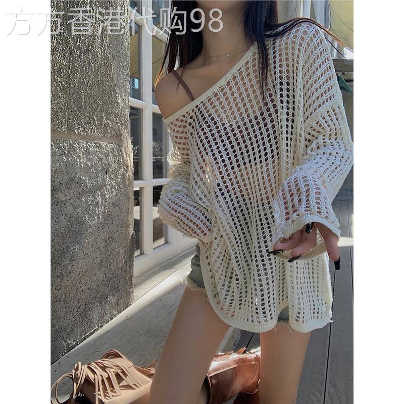 海边度假风渔网镂空防晒罩衫外套女夏吊带外搭针织空调衫网格上衣