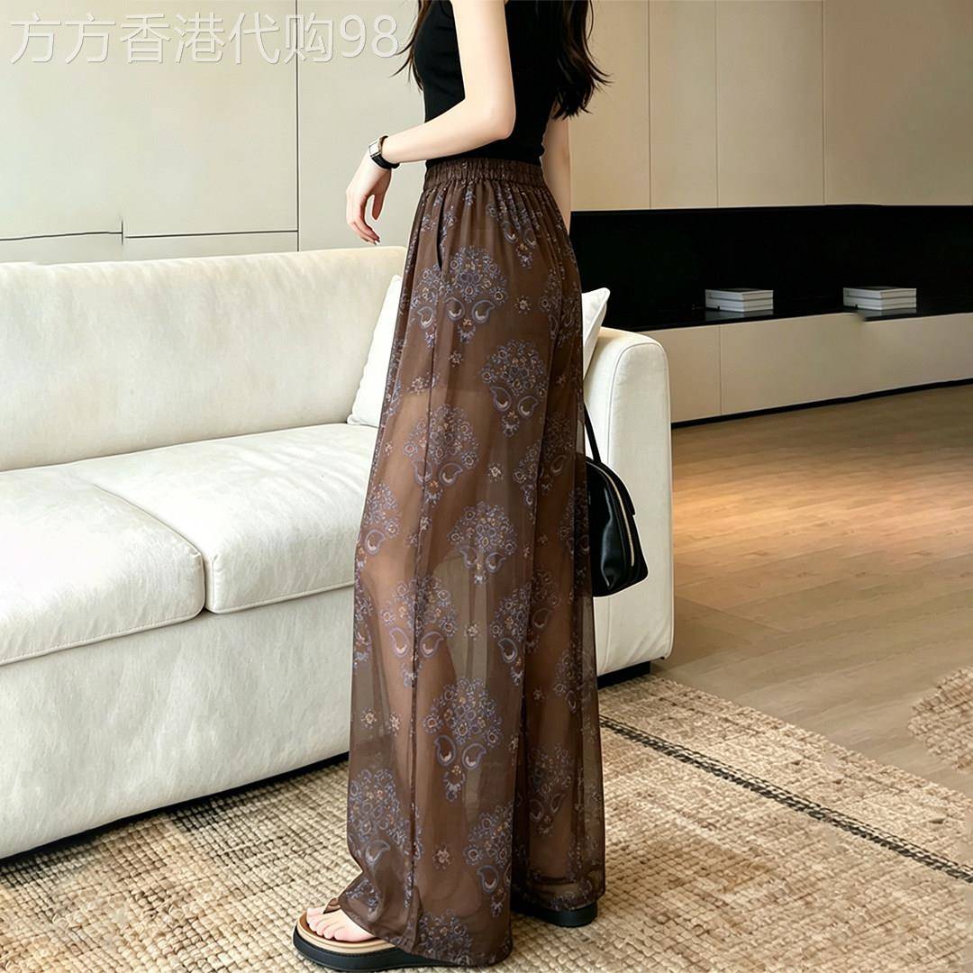 咖色碎花雪纺凉感冰丝休闲阔腿裤子女2026夏新款巨好看的直筒长裤