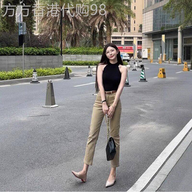 卡其色牛仔裤女夏季薄2026新款老钱风高腰弹力修身显瘦直筒九分裤