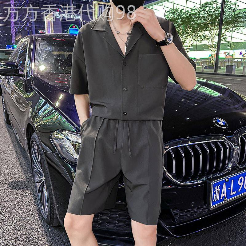 休闲运动套装男士夏季V领衬衫垂感短裤搭配一套冰丝宽松纯色男装
