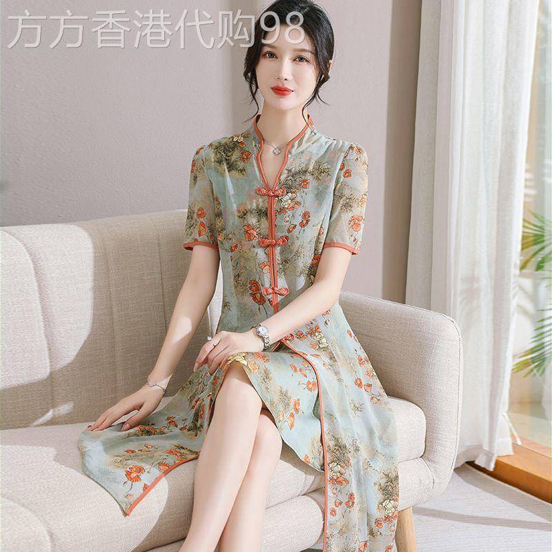 日系轻奢高端真丝长洋装夏季时尚高贵桑蚕丝改良旗袍裙子新中式