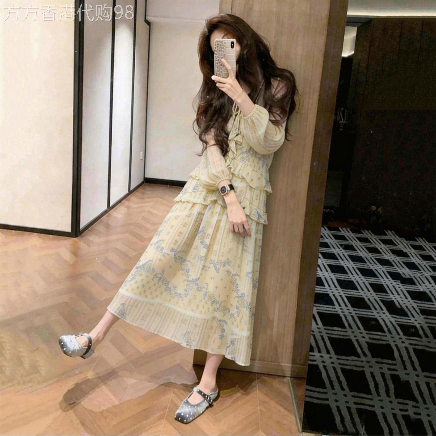 法式黄色碎花长袖连衣裙女26秋新款小个子高级感独特超好看长裙子