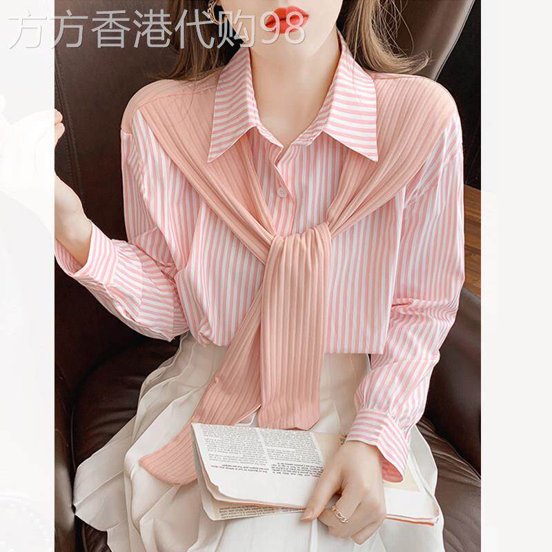 条纹雪纺衬衫女春秋2026年新款设计感小众衬衣女士披肩假两件上衣