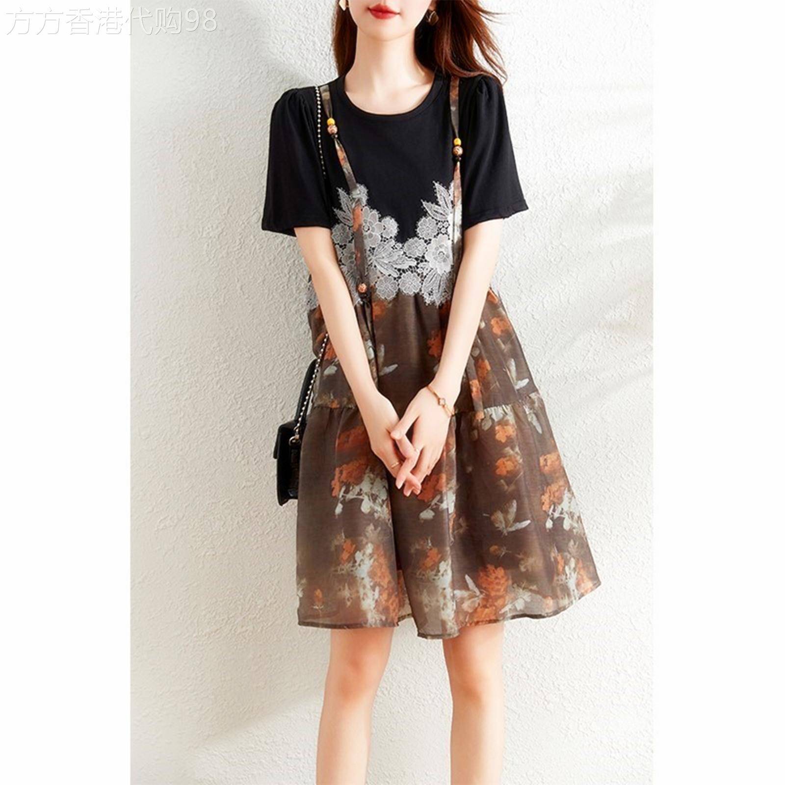 蕾丝拼接印花洋装女夏季法式新款胖mm宽松假两件吊带a字裙子ㄒ
