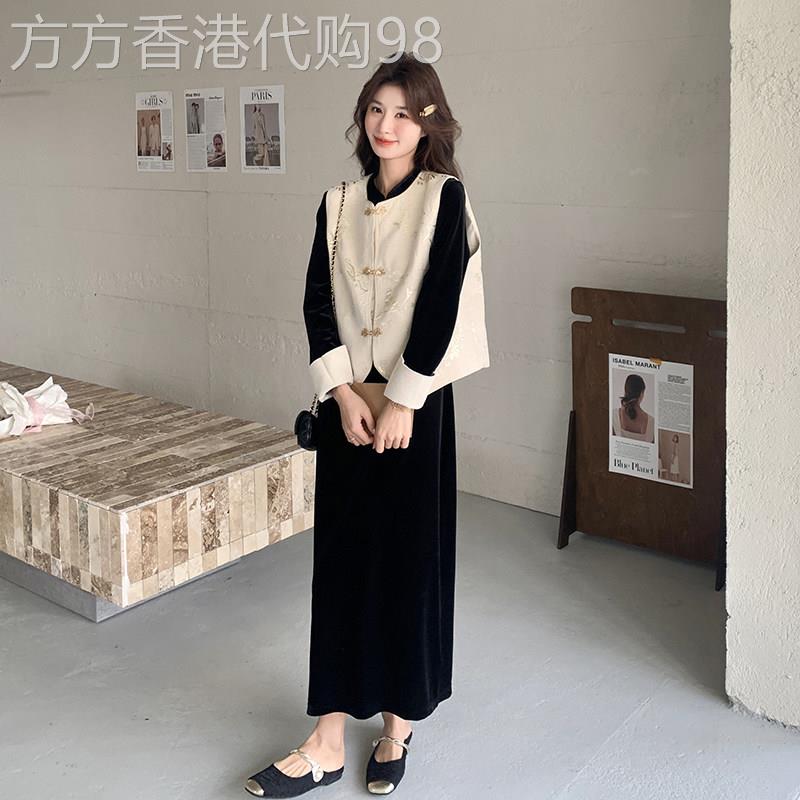 新中式黑色丝绒连衣裙套装女2025秋季减龄复古国风刺绣马甲两件套