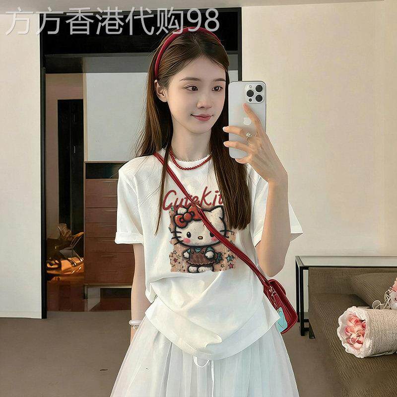 夏季新款白色短袖t恤女生甜美cute kitty卡通印花设计感上衣