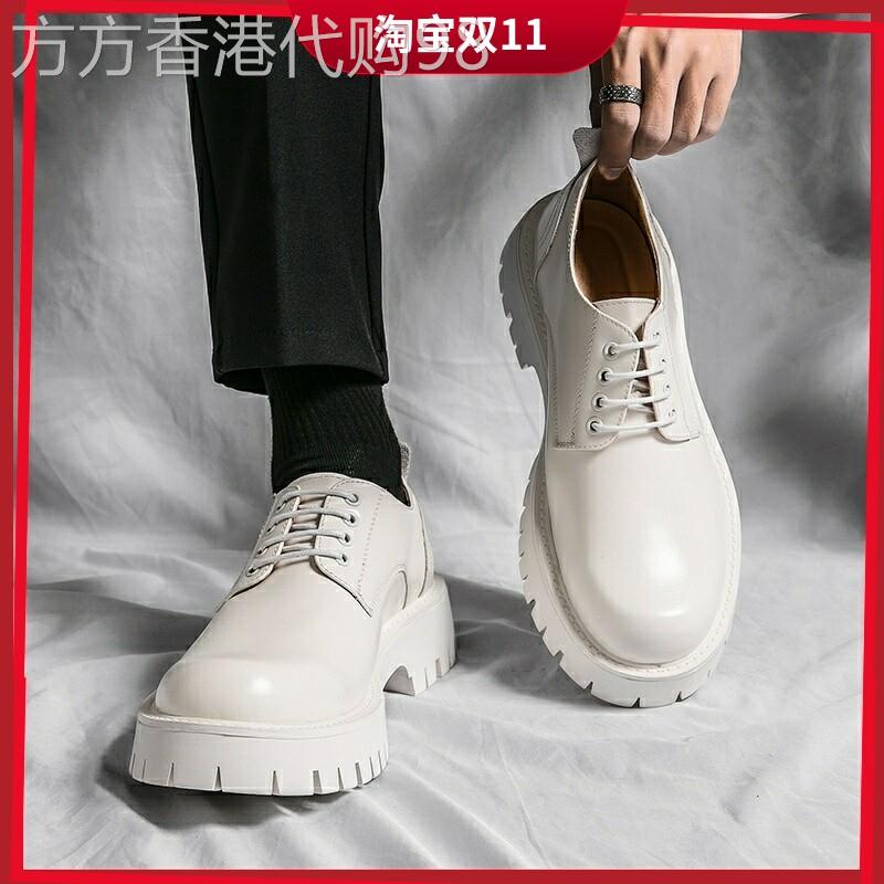 厚底大头皮鞋男2025新款牛皮内增高休闲鞋男士商务圆头西装小白鞋