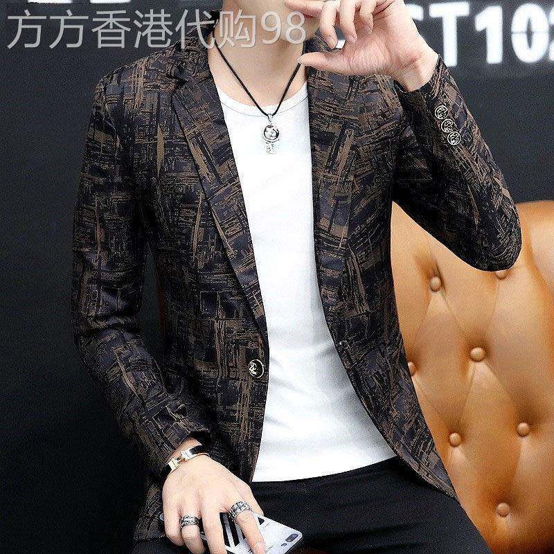 男士印花休闲西服男春秋季韩版潮流百搭修身免烫高级感小西装外套