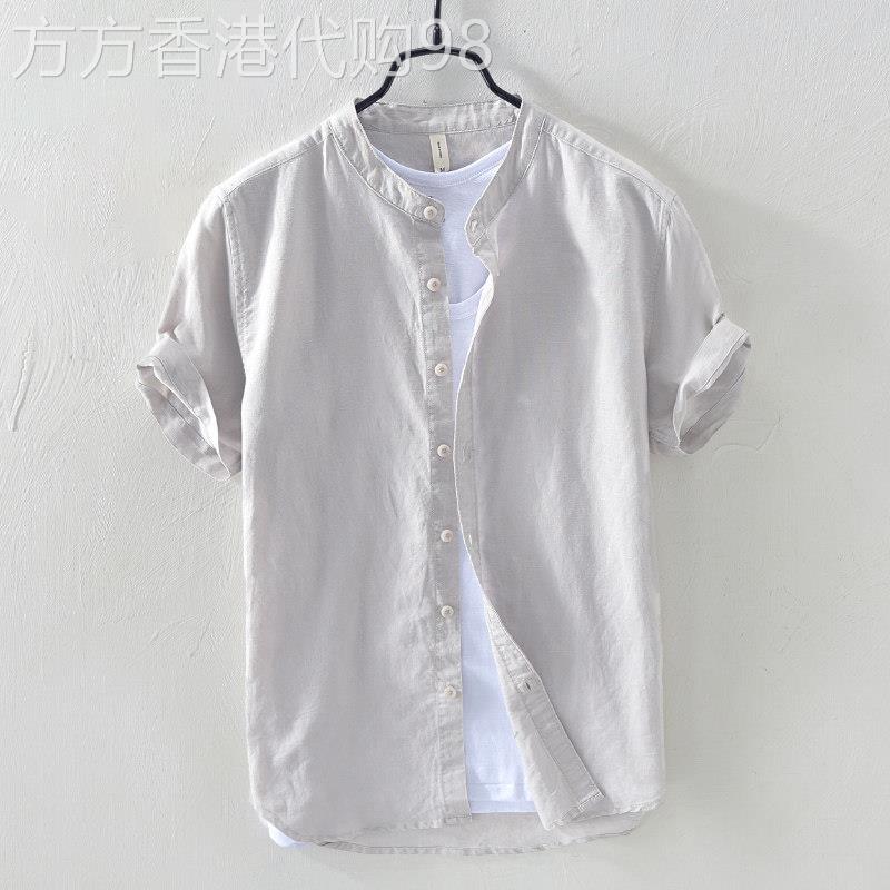 亚麻衬衫男日系ins休闲大尺码纯色外套夏季薄款宽松帅气短袖上衣