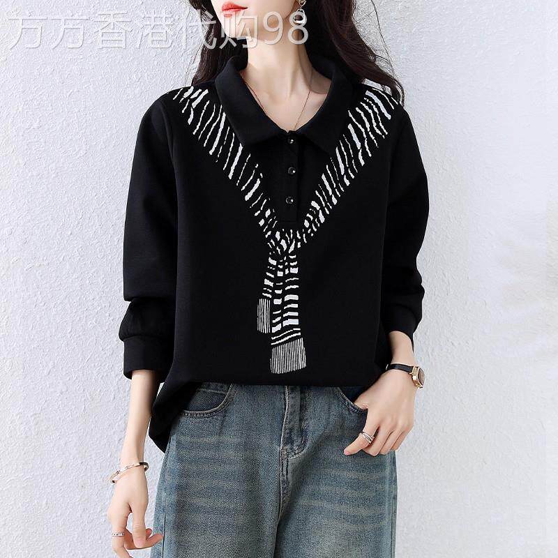 时尚印花翻领长袖衬衫秋季新款大码女装欧货洋气T恤黑色百搭上衣