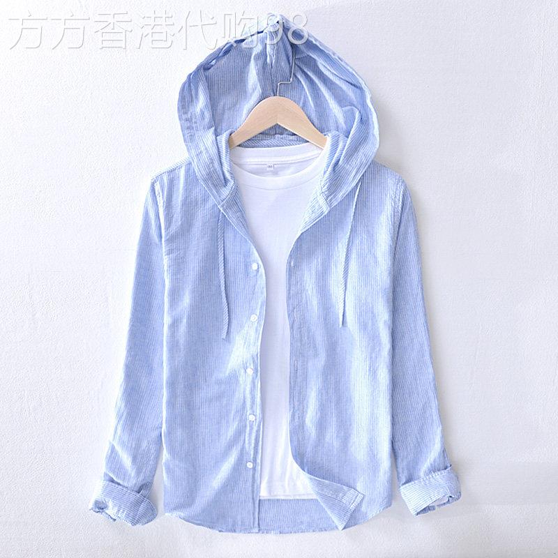 春夏亚麻衬衫男长袖日系宽松条纹连帽衫潮牌休闲棉麻衬衫防晒外套