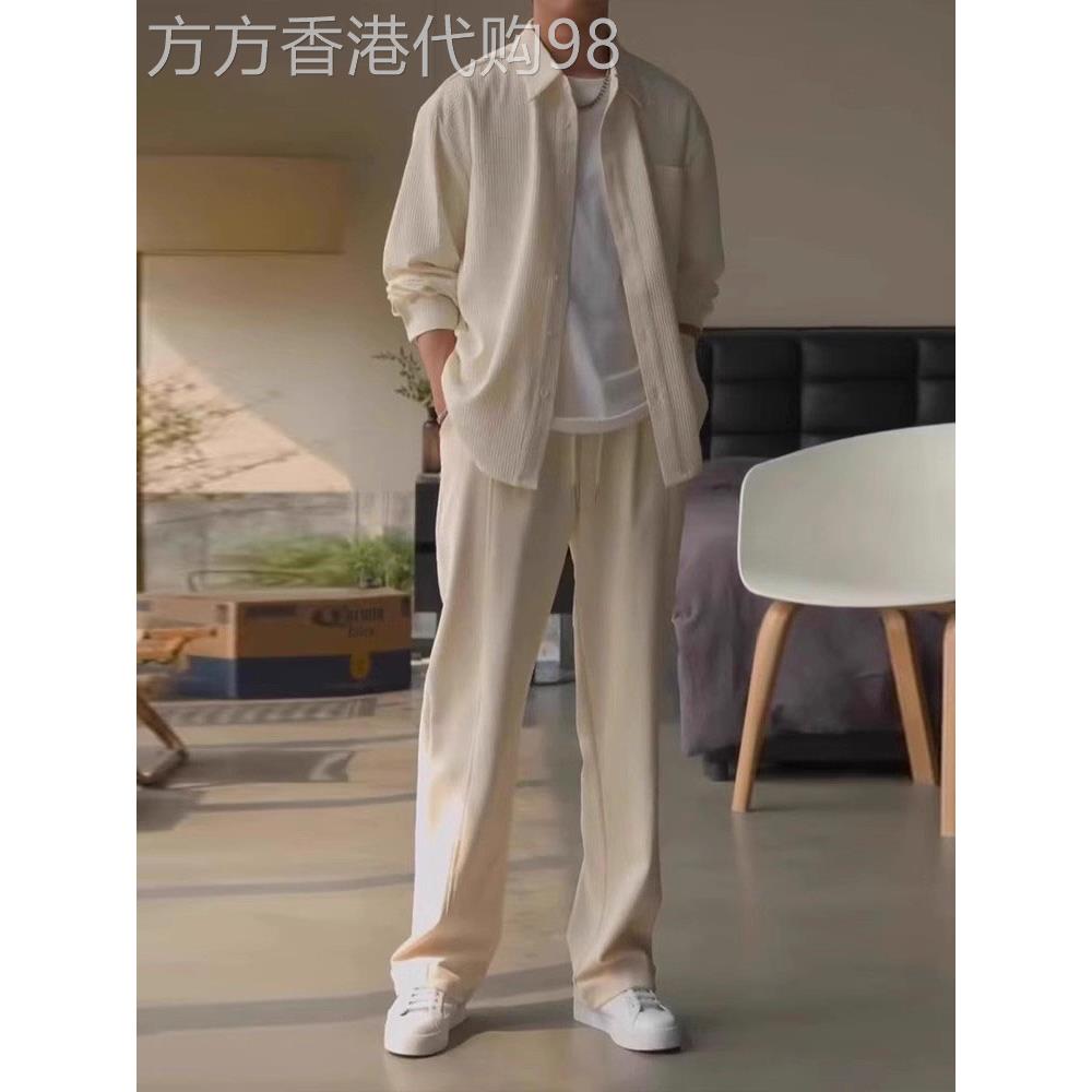 轻熟风华夫格衬衫套装男士2025新款秋季休闲裤子衬衣外套男款一套