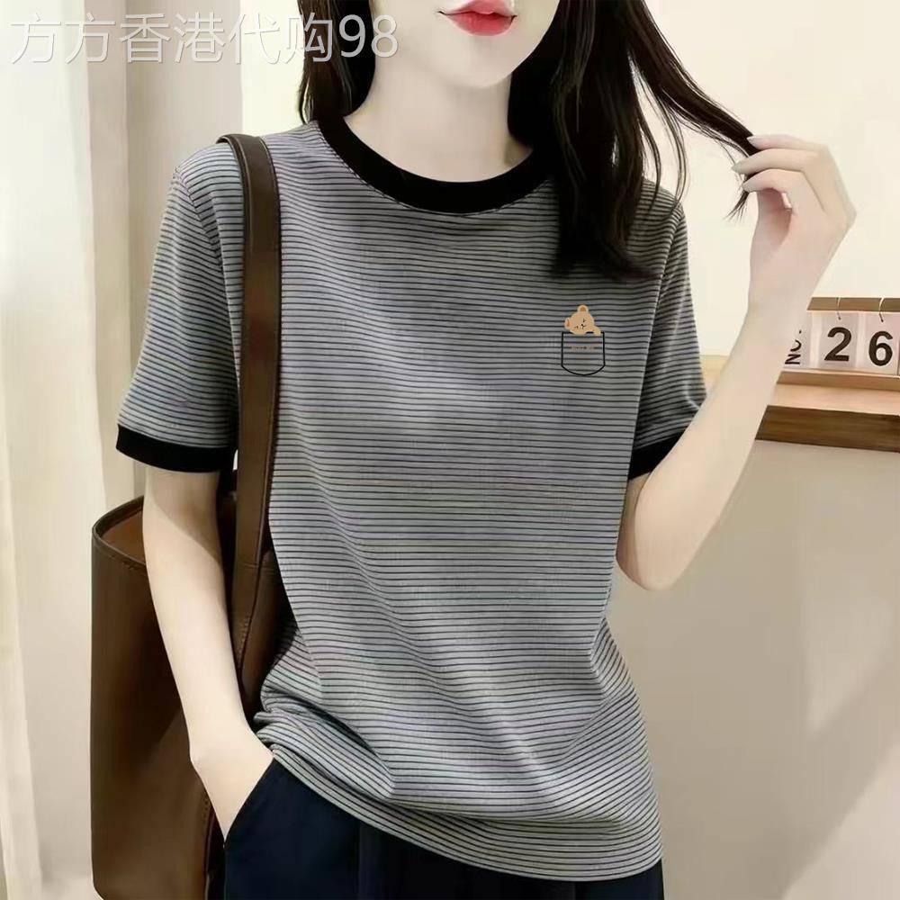 韩国条纹短袖T恤女夏季2026新款灰色圆领宽松显瘦百搭女士上衣潮